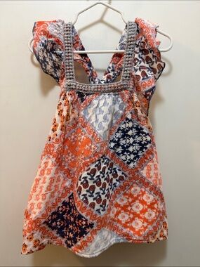 Boho Patchwork Sleeveless Tank - Orange, White & Navy